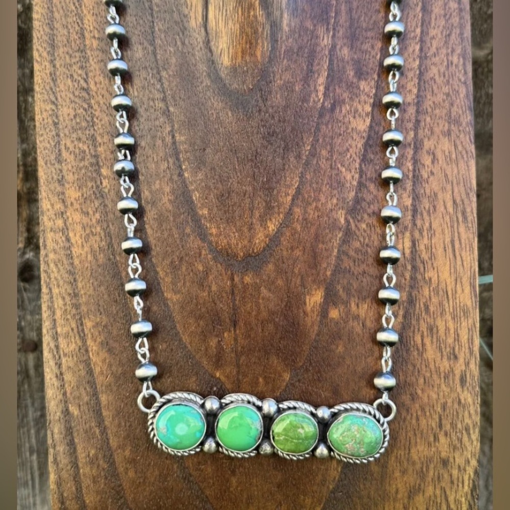Navajo 925 Sterling Silver Green Turquoise Rosary Bar Necklace. 24 Inch RY